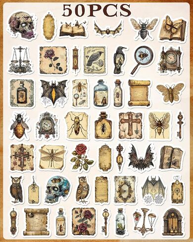 50Pcs Vintage Dark Academia Stickers, Steampunk Medieval Goth Stickers Pack, Non-Repeating Designs of Insect Specimens, Crows, Bats, Vintage Keys Clocks, Scrapbooking Journal Sticker for Adults in Saudi Arabia