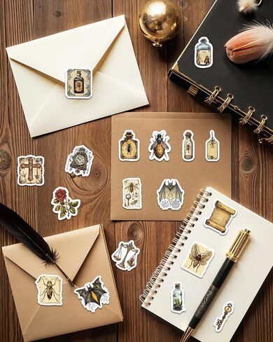 50Pcs Vintage Dark Academia Stickers, Steampunk Medieval Goth Stickers Pack, Non-Repeating Designs of Insect Specimens, Crows, Bats, Vintage Keys Clocks, Scrapbooking Journal Sticker for Adults in Saudi Arabia