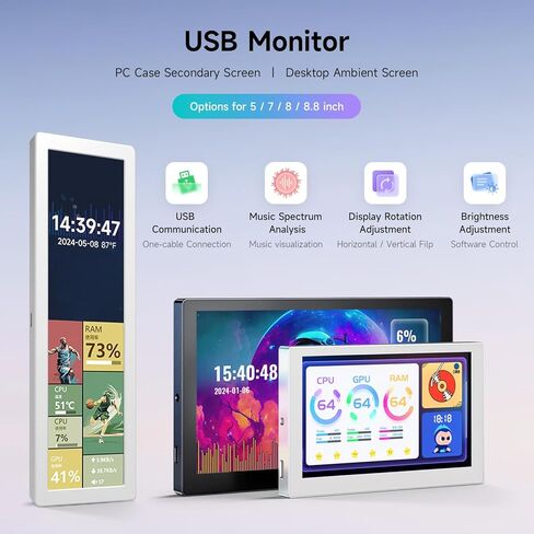 شاشة Waveshare USB مقاس 8.8 بوصة، دقة 1920 × 480، شاشة ثانوية لجهاز الكمبيوتر / شاشة RGB محيطة لسطح المكتب، لوحة IPS، مع وظيفة تحليل طيف الموسيقى، واجهة من النوع C، حافظة معدنية CNC، فضي in Saudi Arabia