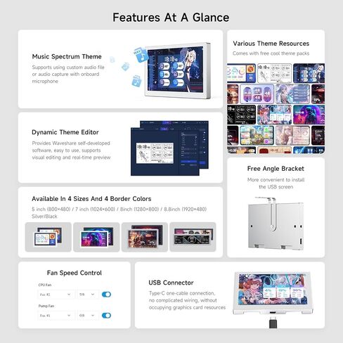 شاشة Waveshare USB مقاس 8.8 بوصة، دقة 1920 × 480، شاشة ثانوية لجهاز الكمبيوتر / شاشة RGB محيطة لسطح المكتب، لوحة IPS، مع وظيفة تحليل طيف الموسيقى، واجهة من النوع C، حافظة معدنية CNC، فضي in Saudi Arabia