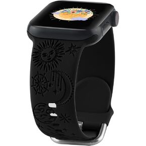 Crescent Sun And Moon Engraved Silicone Band Compatible With Apple Watch 38 40 41mm 42 44 45 46 49mm Women Men,Celestial Boho Silicone Sport Wristband Replacement Strap for iWatch Series SE 10 9 8 7 6 5 4 3 Ultra