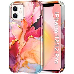 Btscase for iPhone 12 Case/iPhone 12 Pro Case, Heavy Duty Three Layer Marble Shockproof Full Body Rugged Hard PC+Soft TPU Bumper Drop Protection Women Girls Cover for iPhone 12/12 Pro, Rose Gold