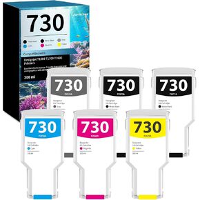 730 Ink Cartridge Designjet T1700/T1600/T2600 300ml Replacement for HP 730 Ink Cartridge (Matte Black P2V71A, Photo Black P2V73A, Cyan P2V68A, Yellow P2V70A, Magenta P2V69A, Gray P2V72A) 6-Pack
