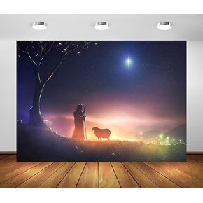 BELECO 7x5ft Fabric Bible Scene Shepherd and Sheep Backdrop Star of Bethlehem Starry Night Mountain Nativity Background Christmas Church Religion Nativity Decorations Photo Booth Studio Props
