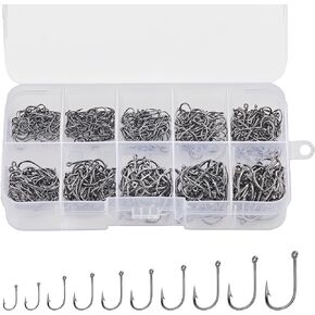 HEETA 500pcs Fishing Hooks, 10 Sizes Carbon Steel Fishing Hooks with Portable Plastic Box, Strong Sharp Fish Hook with Barbs for Seawater & Freshwater, Fishing Gift for Men