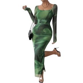 Floerns Women's Off Shoulder Tie Dye Long Sleeve Slit Hem Evening Bodycon Dress