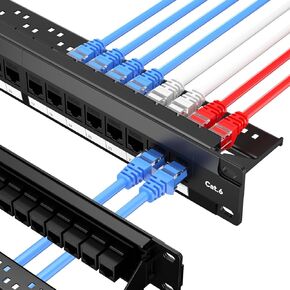 24 Port Cat6 Patch Panel, 10G Pass-Through Keystone RJ45 Coupler, UTP 19-Inch 1U Patch Panel with Removable Back Bar, Ethernet Network Patch Panel for Cat5, Cat5e, Cat6 Cabling