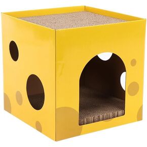 Cat Condo with Two Scratching Pads, 13.8"x13.8"x13.8". Sweet Home for Kittens, Cats & Small Pets Yellow Color