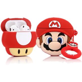 Airpods Silicone Case Funny Cover Compatible for Apple Airpods 1&2 [Cartoon Pattern][Best Gift for Girl Boy](2PACK Super Mario/Super Mushroom)