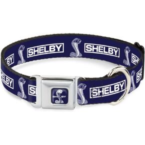 Dog Collar Seatbelt Buckle Shelby Box Logo and Super Snake Cobra Blue White 16 to 23 Inches 1.5 Inch Wide