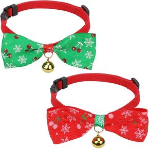 2pcs Christmas Pet Collar, QKURT Adjustable Xmas Puppy Collar with Bow tie and Golden Bell, Cute Christmasy Pattern Neck Ring Tie for Small Dog Cat, Pet Collar Bow Tie Accessories
