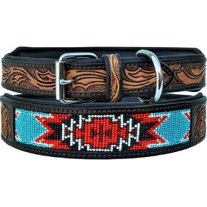 Genuine Leather Dog Collar Western Style Beaded Dog Collar Hand Tooled and Padded for Extra Comfort 10AB008-Large