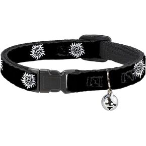 Cat Collar Breakaway Winchester Pentagram Repeat Black White 8 to 12 Inches 0.5 Inch Wide