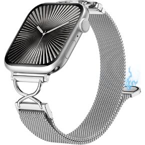 Metal Mesh Magnetic Loop Compatible with Apple Watch Band 40/44/46/45/44/41/38/42mm Women, Dressy Stainless Steel X-shaped Clasp Strap for iWatch SE Series 10/9/8/7/6/5/4/3/2/1/Ultra(1/2)