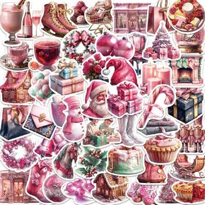 Yoksas Pink Christmas Santa Stickers - 50Pcs Waterproof Vinyl Xmas Decoration Stickers for Water Bottles,Laptop,Scrapbook,Luggage,Gift Wrapping