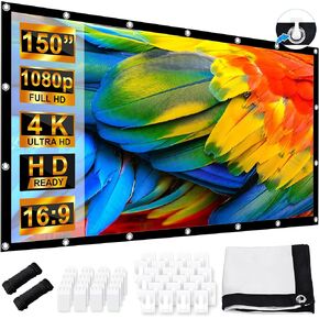 شاشة عرض 150 بوصة، شاشة عرض محمولة LEORFI خارجية 16:9 HD 4K، شاشة فيلم قابلة للغسل وقابلة للطي ومضادة للتجاعيد، عرض على الوجهين، شاشات عرض للتخييم والمسرح المنزلي