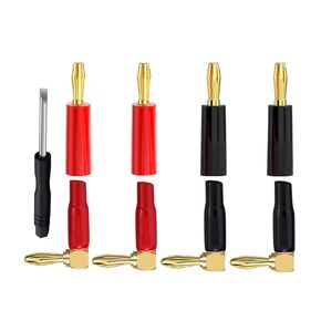 Upgraded Speaker Banana Plugs 2 Pairs and Right Angle Banana Plugs 2 Pairs, 24K Gold Plated Copper 4mm Banana Plug Two Set Screws Speaker Connector Banana Plugs for Speaker Wire