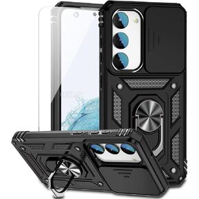 for Samsung Galaxy S23 Case with Slide Camera Cover HD Screen Protector [15ft Military Grade Drop Tested] Magnetic Ring Holder Kickstand Protective Phone Case for Galaxy S23 2023 (6.1 inch), Black