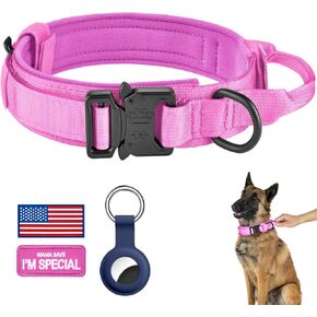 DAGANXI Tactical Dog Collar, Adjustable Military Training Nylon Dog Collar with Control Handle and Heavy Metal Buckle for Medium and Large Dogs, with Patches and Airtags Case (S, Pink)