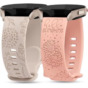 Minyee 2 Packs Floral Engraved Bands Compatible with Samsung Galaxy Watch 7/6/5/4/FE/Active 2 40mm 44mm/Watch 6 Classic 43mm 47mm/Watch 5 Pro 45mm Band, 20mm Cute Silicone Fancy Sport Strap for Women