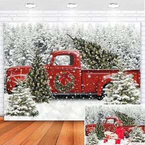 Avezano 8x6ft Christmas Vintage Red Truck with Tree Backdrop Winter Snowy Forest Tree Background Xmas Winter Holiday Family Kids Portraits Backdrops Photoboot Props (8x6)