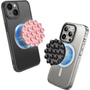 حامل هاتف بكأس شفط مغناطيسي من WALLFID - مقبض سيليكون مضاد للانزلاق بدون استخدام اليدين، متوافق مع سلسلة حافظات iPhone MagSafe، حامل مرآة لصور السيلفي ومقاطع فيديو TikTok، عبوتان (أسود + وردي) in Kuwait