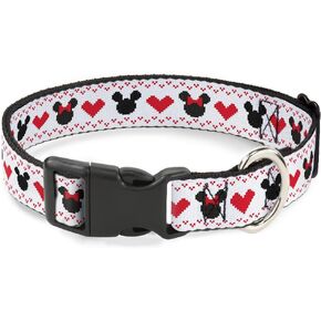 Disney Pet Collar, Dog Collar Plastic Buckle, Disney Holiday Mickey and Minnie Mouse Heart Sweater Stitch, 9.5 to 13 Inches 1.0 Inch Wide