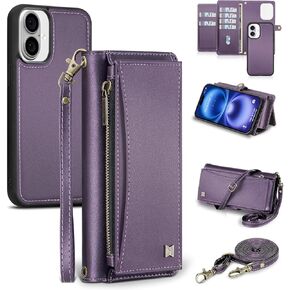Wallet Case for iPhone 16 with Card Holder/Crossbody Wallet/Strap,[RFID Blocking][Magnetic] PU Leather Shockproof Protective Cover iPhone 16 Phone Case,6.1in,Purple