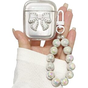 Cute Case for AirPods,Lovely Bow Design TPU Cover for Airpods 2&1,Silicone Skin Protective Case with Pearl Bracelet Keychain for Women Girls Kids Compatible with Air Pods 1st/2nd-White
