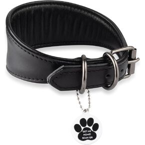 Sighthound Wide Leather Dog Collar with ID Tag QR for Whippet Italian Greyhound Saluki Borzoi Lurcher Spanish Galgo, Black Leather Dog Collar, Soft Leather Dog Collar for Sensitive Neck (XS)
