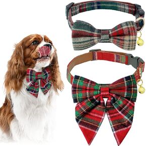 KUDES Christmas 2 Pack Adjustable Dog Collar with Bow and Bells, Red and Green Plaid Pet Bowtie Dog Christmas Collars for Small Medium Large Dogs Pets (S(9.6"-13.8"), Red &Green)
