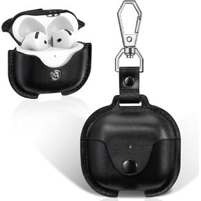 Fintie Case for AirPods 4th Generation, Premium PU Leather Anti-Lost Metal Snap Closure Earbuds Protective Cover with Keychain Carabiner Support Wireless Charging for AirPods 4 (2024) (Black)