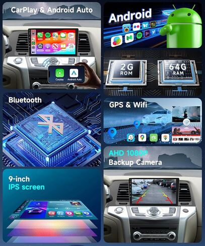 2G + 64G راديو السيارة أندرويد لنيسان مورانو 2011-2014 ستيريو سيارة مزدوج الدين مع Carplay اللاسلكي Android Auto، شاشة 9 بوصة تعمل باللمس صوت السيارة مع بلوتوث Canbus GPS WiFi Mirror Link FM RDS Camera Mic in Saudi Arabia