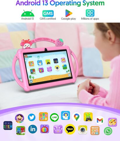Kids Tablet 7 inch Android 13 Tablet for Kids 32GB ROM 4GB RAM 1TB Expanded, Quad-Core Toddler Tablet with Shockproof Case, Bluetooth, WiFi, Parental Control, Dual Camera, GPS, Games (Pink) in Saudi Arabia
