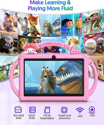 Kids Tablet 7 inch Android 13 Tablet for Kids 32GB ROM 4GB RAM 1TB Expanded, Quad-Core Toddler Tablet with Shockproof Case, Bluetooth, WiFi, Parental Control, Dual Camera, GPS, Games (Pink) in Saudi Arabia