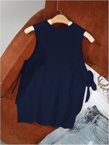 سترة نسائية كاجوال من MakeMeChic بدون أكمام ورقبة دائرية ورباط وحاشية جانبية مقسمة in Kuwait