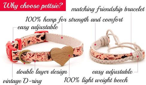 Pettsie Dog Collar Heart, Matching Friendship Bracelet, Adjustable Sizes Small and Medium, Durable and Pet-Friendly Hemp, Soft and Comfortable for Sensitive Skin, Carton Box for Dog Lovers in Kuwait
