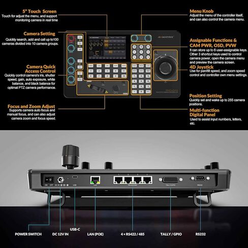 AVMATRIX PKC3000 IP & Serial PTZ-Camera-Controller PoE NDI PTZ Controller Keyboard with 4D Joystick for Live Streaming, PTZ Network Keyboard Visca PELCO D/P RS232 RS485 LCD Screen in Kuwait