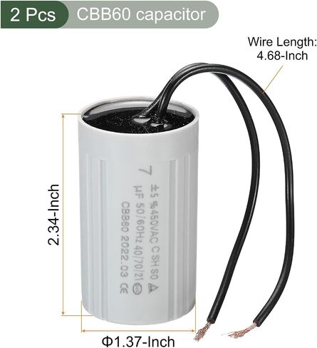 مكثف تشغيل YOKIVE 7uF CBB60، مكثف تشغيل بسلكين، محركات بدء تشغيل تيار متردد 450 فولت، رائع لضواغط الهواء والمضخات (فضي، 60 × 35 مم) in Saudi Arabia