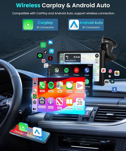 شاشة تشغيل سيارة لاسلكية 7 بوصة 1080 بيكسل للسيارة بنظام Android Auto، شاشة تشغيل سيارة HD IPS مع بلوتوث/وصلة مرآة/Airplay/Android Cast/EQ Audio/AUX/بطاقة SD/قاعدة شاشة، للسيارات والشاحنات وسيارات الدفع الرباعي in Saudi Arabia