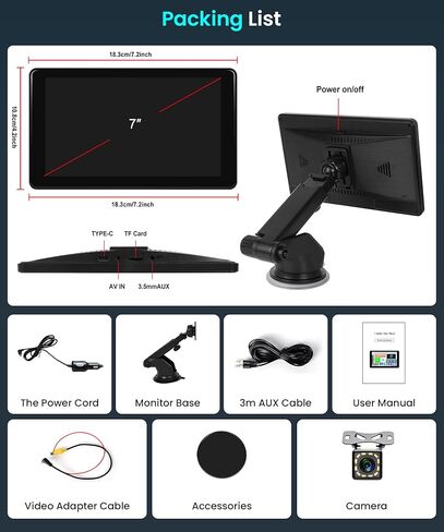 شاشة تشغيل سيارة لاسلكية 7 بوصة 1080 بيكسل للسيارة بنظام Android Auto، شاشة تشغيل سيارة HD IPS مع بلوتوث/وصلة مرآة/Airplay/Android Cast/EQ Audio/AUX/بطاقة SD/قاعدة شاشة، للسيارات والشاحنات وسيارات الدفع الرباعي in Saudi Arabia