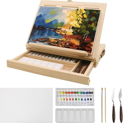 LUCYCAZ Tabletop Easel for Painting, Adjustable Wooden Sketchbox Desktop Easel, Portable Art Painting Easel for Adult, Student, Artist, Beginner in Saudi Arabia