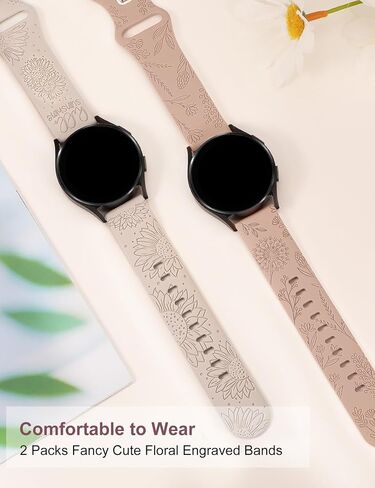 عبوتان من الأساور المنقوشة بالزهور من Minyee متوافقة مع ساعة Samsung Galaxy Watch 7/6/5/4/FE/Active 2 40 مم 44 مم/ساعة 6 كلاسيكية 43 مم 47 مم/ساعة 5 برو 45 مم، حزام رياضي فاخر من السيليكون 20 مم للنساء in Saudi Arabia