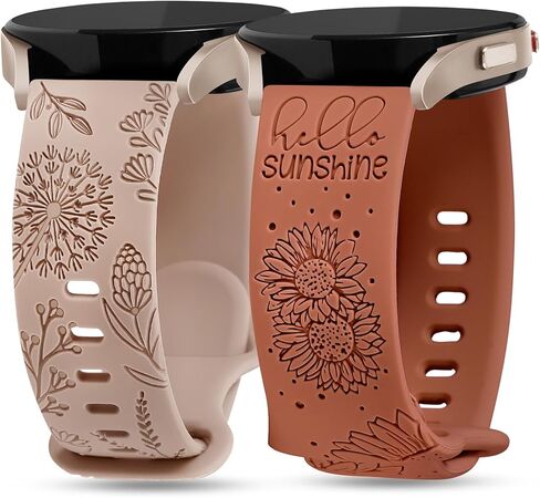 Minyee 2 Packs Floral Engraved Bands Compatible with Samsung Galaxy Watch 7/6/5/4/FE/Active 2 40mm 44mm/Watch 6 Classic 43mm 47mm/Watch 5 Pro 45mm Band, 20mm Cute Silicone Fancy Sport Strap for Women in Kuwait