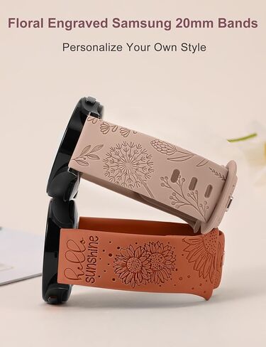 Minyee 2 Packs Floral Engraved Bands Compatible with Samsung Galaxy Watch 7/6/5/4/FE/Active 2 40mm 44mm/Watch 6 Classic 43mm 47mm/Watch 5 Pro 45mm Band, 20mm Cute Silicone Fancy Sport Strap for Women in Kuwait