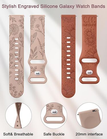 Minyee 2 Packs Floral Engraved Bands Compatible with Samsung Galaxy Watch 7/6/5/4/FE/Active 2 40mm 44mm/Watch 6 Classic 43mm 47mm/Watch 5 Pro 45mm Band, 20mm Cute Silicone Fancy Sport Strap for Women in Kuwait
