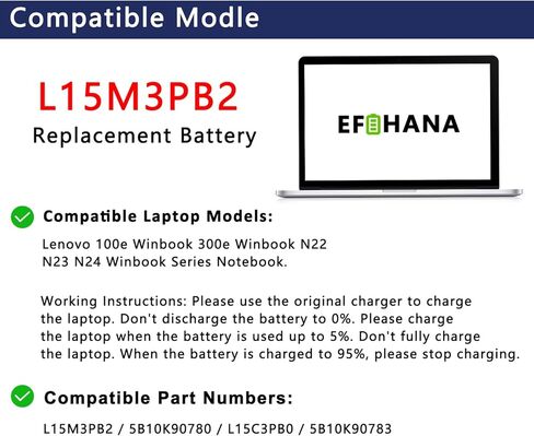 استبدال بطارية الكمبيوتر المحمول L15M3PB2 لجهاز Winbook N22 N23 100E Winbook 1st Gen Series Notebook 5B10K90780 L15C3PB0 5B10K90783 11.25V 45Wh 4000mAh in Kuwait