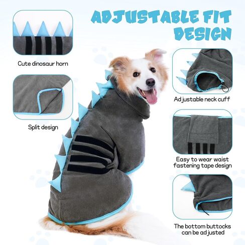 Super Absorbent Dog Bathrobe, Microfiber Bath Robe Towel for Fast Drying, Cozy Fit, Adjustable Belly Strap, Unique Dinosaur Design Dog Drying Coat for Bath, Rainy Walks & Cold Weather in Saudi Arabia