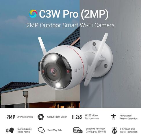 كاميرا أمان EZVIZ WiFi خارجية IP67 مقاومة للماء، 1080 بكسل مع رؤية ليلية ملونة، اكتشاف الأشخاص بالذكاء الاصطناعي، محادثة ثنائية الاتجاه، تنبيهات الحركة، ضغط فيديو H.265 | سي 3 دبليو برو in Kuwait