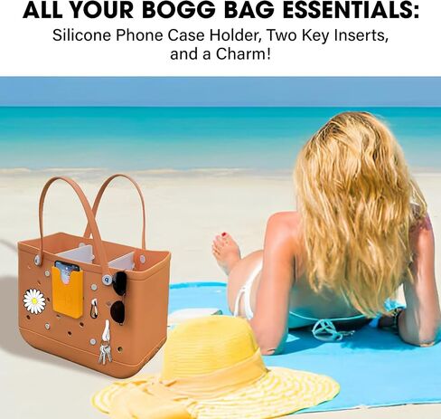 Complete Bogg Bag Accessories Set - Silicone Phone Holder, Dual Key Holder Inserts, and Trendy Bag Charm (Yellow) in Saudi Arabia